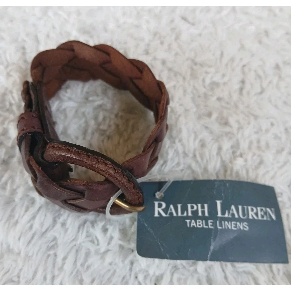 NWT Polo Ralph Lauren Brown Braided Leather Buckle Napkin Rings Set Of 4 Western